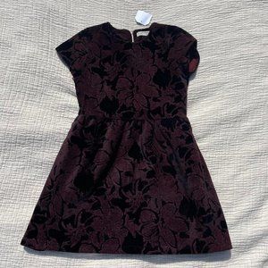 black and maroon velvet dress with floral pattern